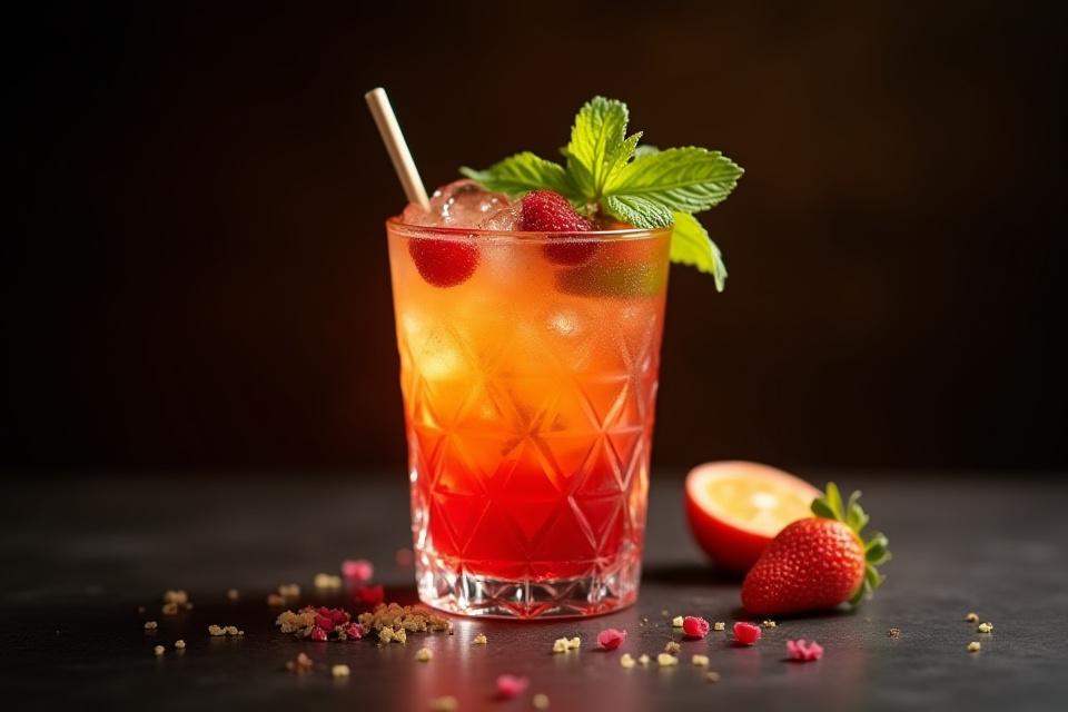 A vibrant and beautifully garnished non-alcoholic mocktail in an elegant glass, placed on a dark surface, looking as appealing as a cocktail.