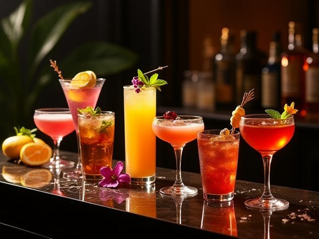 A beautifully arranged bespoke cocktail and mocktail bar with various colorful drinks and garnishes.