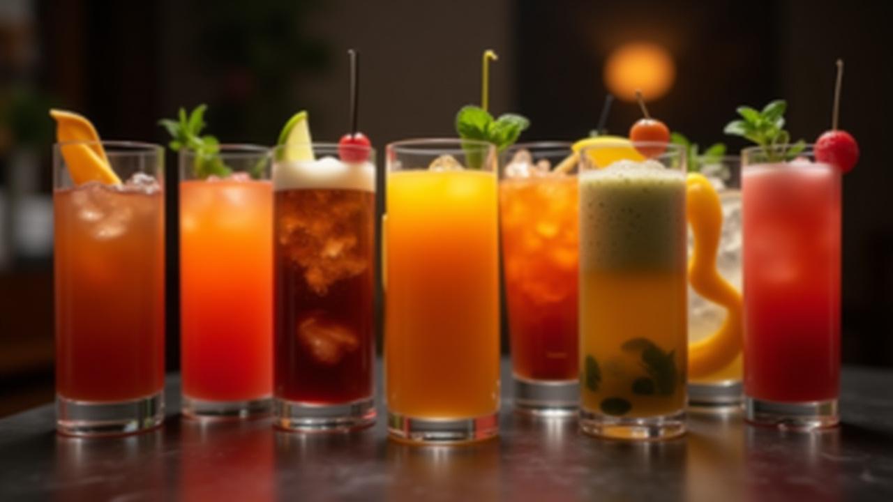 A perfectly aligned row of diverse, colorful cocktails ready for guest service at an upscale event.