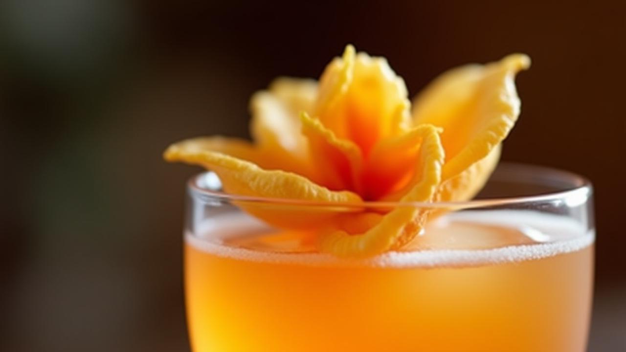 A highly detailed close-up shot of an intricate cocktail garnish, possibly an edible flower or a precisely sculpted fruit peel.
