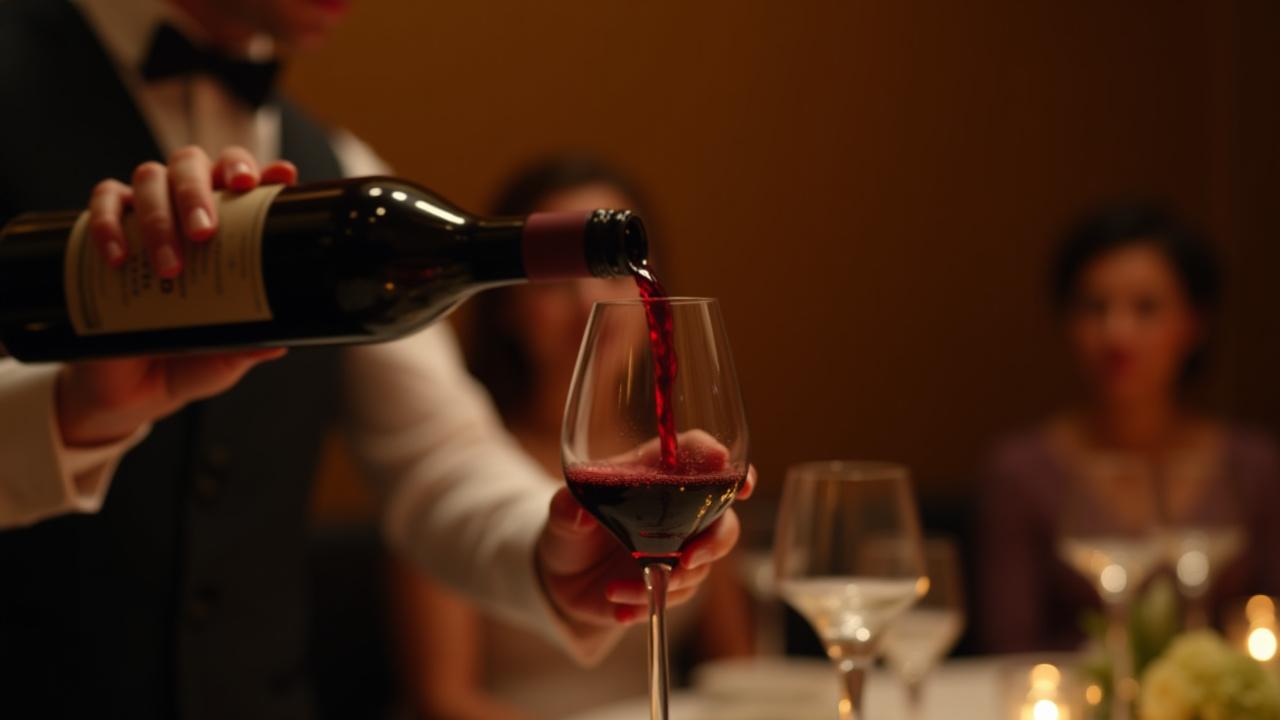 A professional sommelier gracefully pouring red wine into a crystal glass for a discerning guest at an elegant fine dining event.