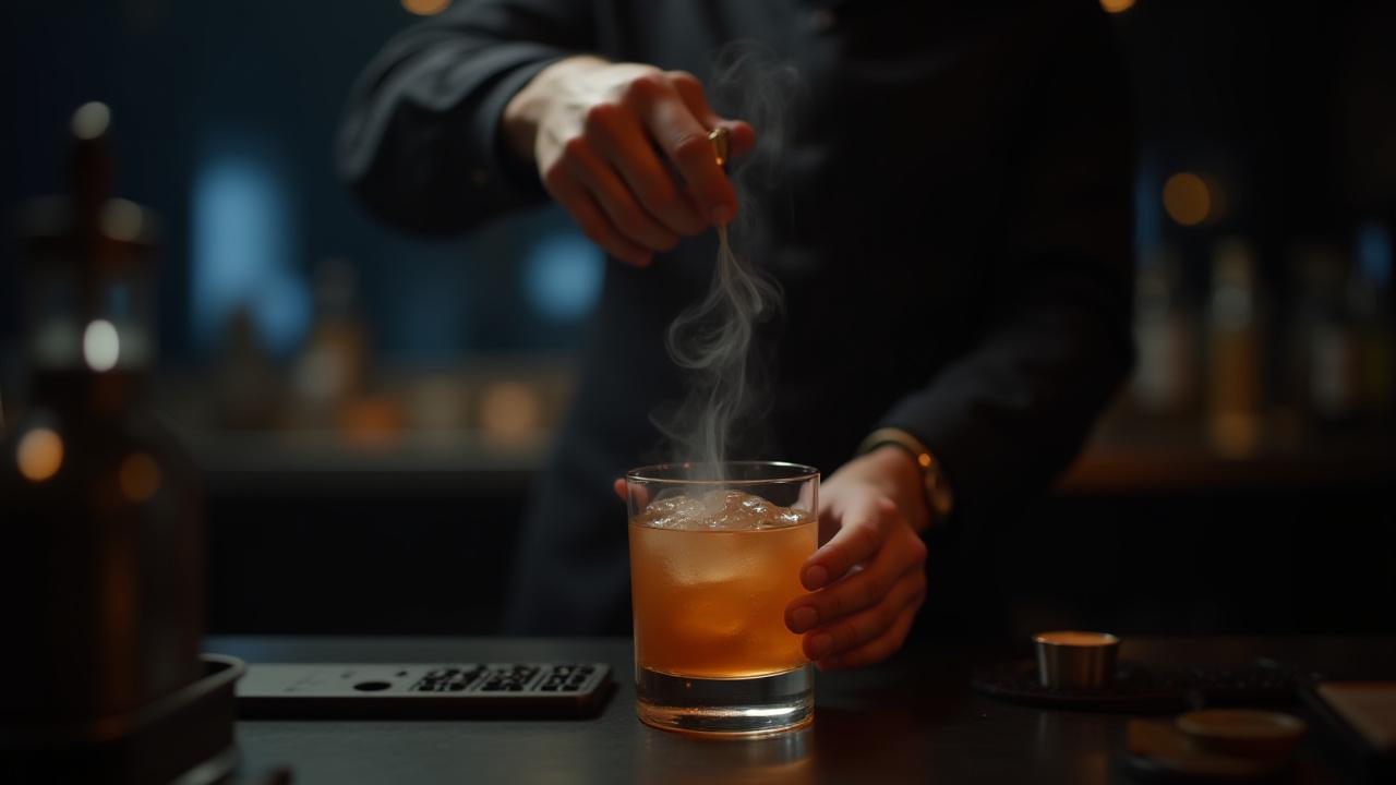 A skilled mixologist expertly crafting a complex cocktail with visible smoke and elegant garnishes at a high-end event.