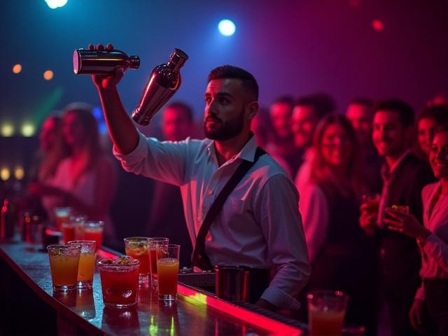 A charismatic bartender performing flair bartending with bottles and shakers, engaging a small crowd at a vibrant event.
