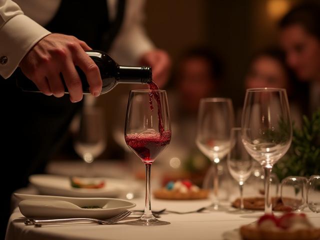 A sommelier delicately pouring wine for guests at a formal fine dining event, with several wine glasses on the table.