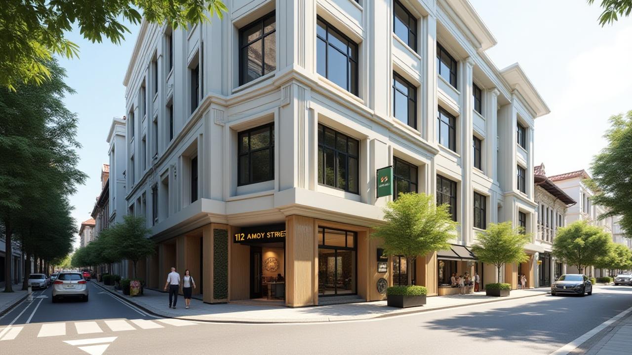 Exterior of 112 Amoy Street in Singapore where Culinary Chart office is located, showing a vibrant street scene.