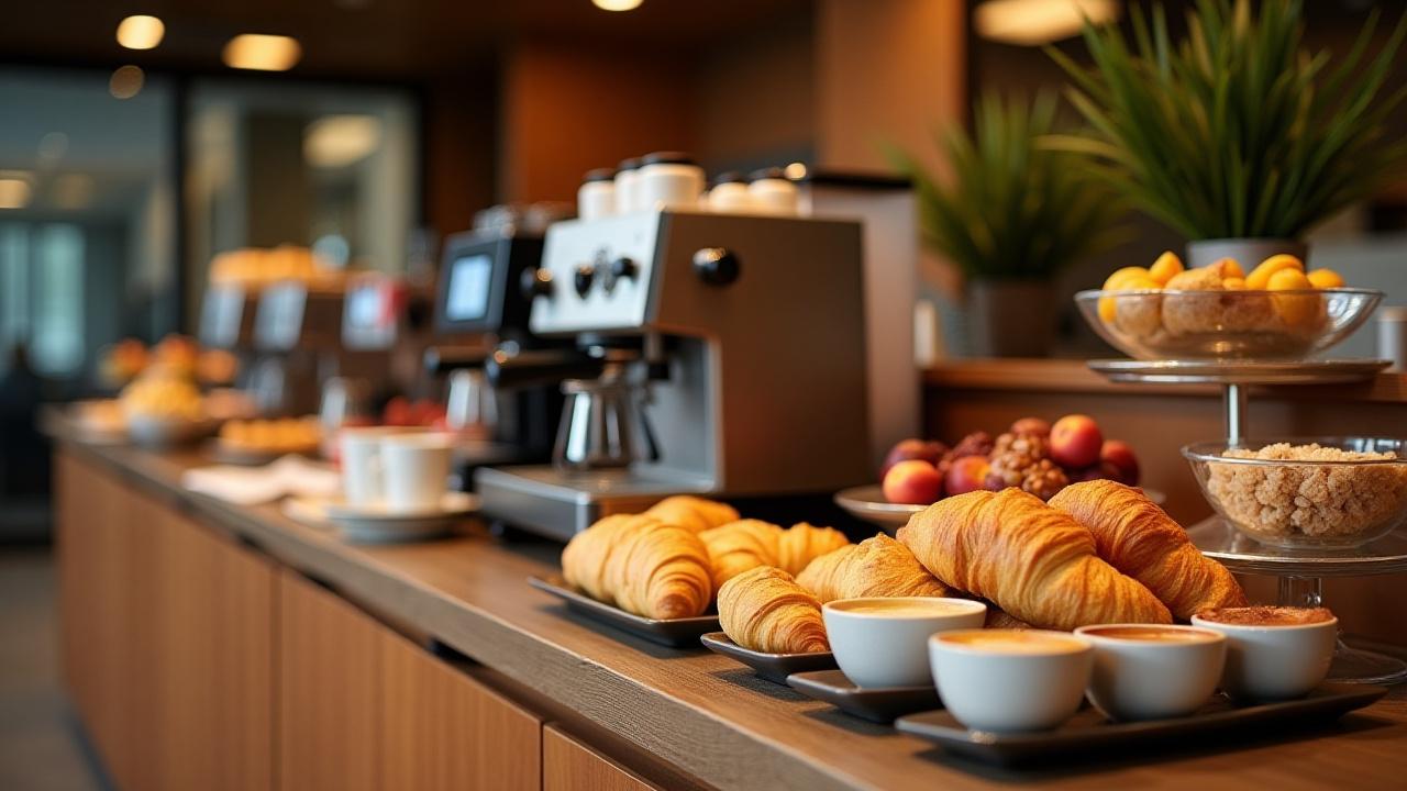Elaborate coffee break station at a large conference with fresh pastries and hot beverages