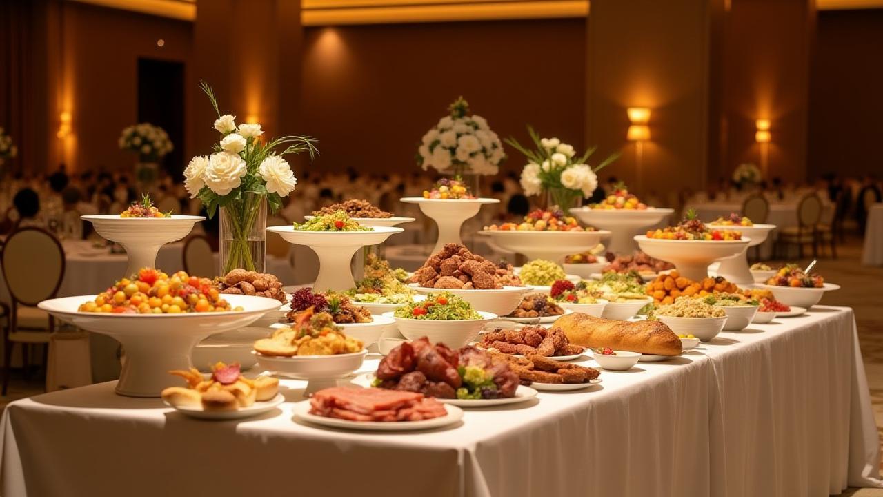 Elegant buffet setup for a corporate gala dinner with diverse gourmet dishes