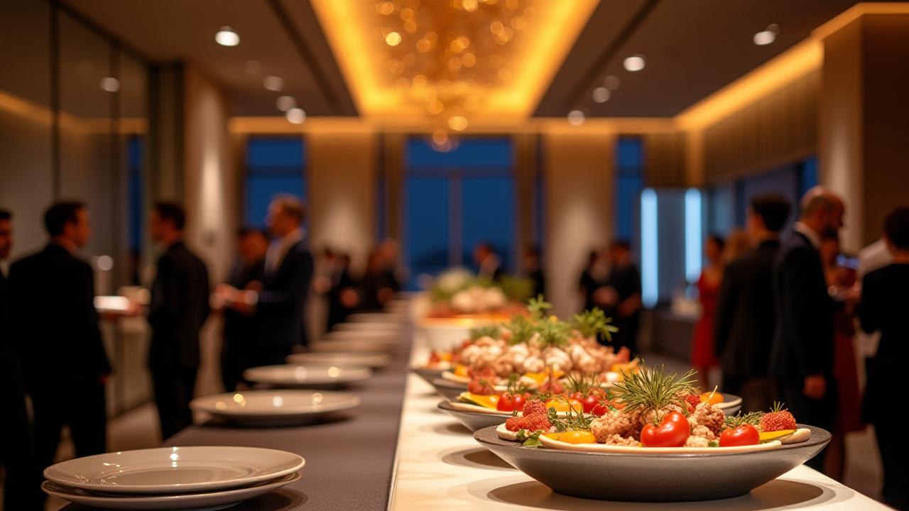 Wide shot of a sophisticated corporate event with guests mingling around beautifully arranged food stations