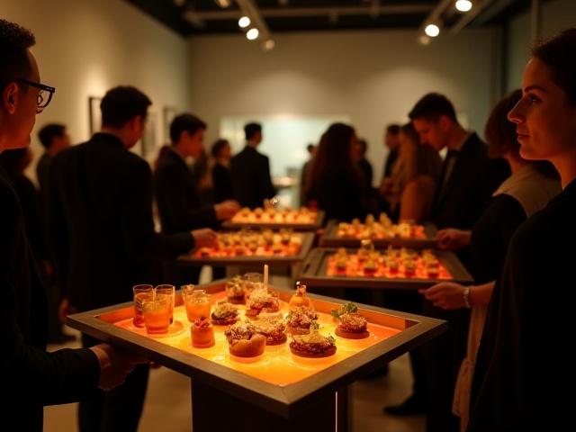 Elegant luxury brand activation event with bespoke decor, interactive displays, and exquisite culinary presentations.