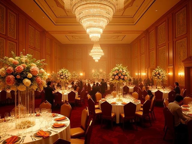 Opulent private gala event with sophisticated lighting, artistic floral arrangements, and elegantly dressed guests.