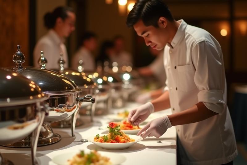 Impeccably clean serving station at an event, with professional staff wearing gloves, emphasizing hygiene and safety in food service