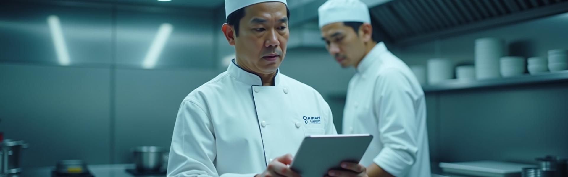 Chef in uniform meticulously checking a clipboard in a clean, professional kitchen, emphasizing food safety and culinary compliance