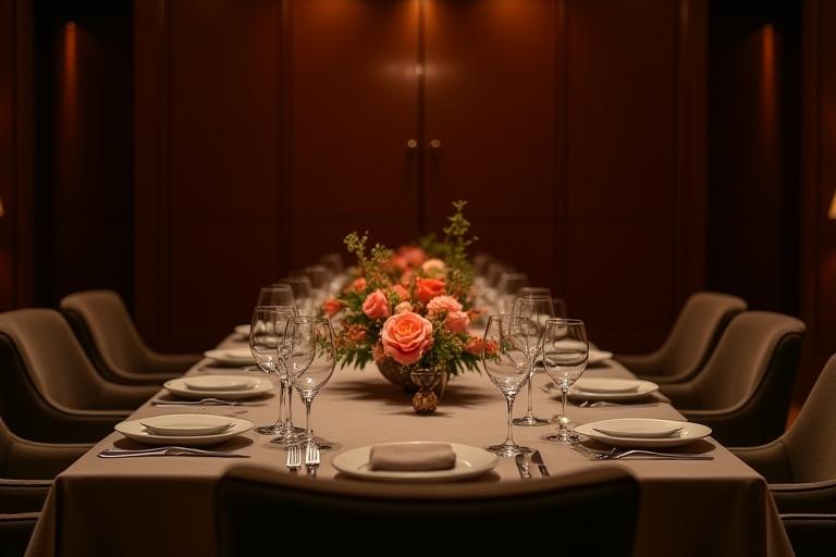 An exquisitely set private dining table for twelve, featuring crystal glassware, fine china, and floral arrangements in a luxurious setting.