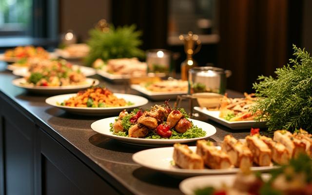 Immaculately presented corporate catering buffet with diverse dishes.