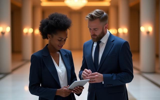Event planner reviewing a detailed event layout on a tablet with a team member in a luxury hotel ballroom.