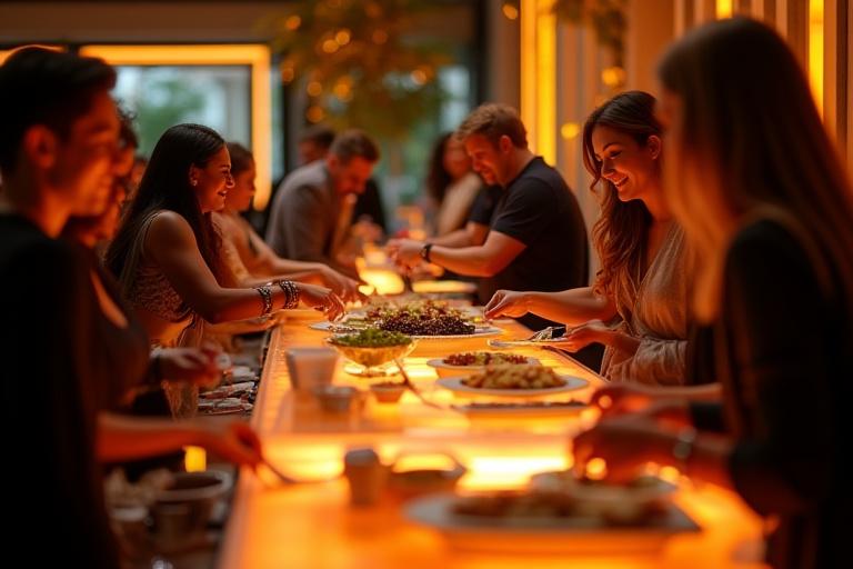 Guests engaging with a beautifully designed, interactive build-your-own food station at a modern event.