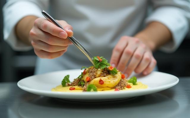Chef meticulously plating a haute cuisine dish in a professional kitchen.