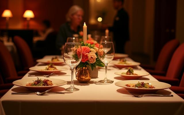 A beautifully set intimate dining table with gourmet dishes and ambient lighting.