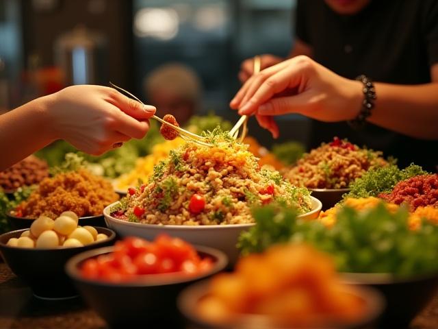 Guests assembling their own poke bowls at a beautifully laid out bar with fresh ingredients.
