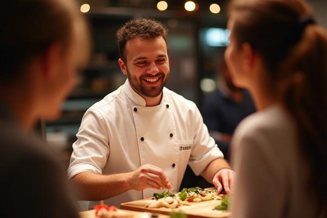 Smiling chef interacting with delighted guests at a live station.