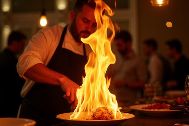 Chef dramatically flambéing a dish at a live cooking station.