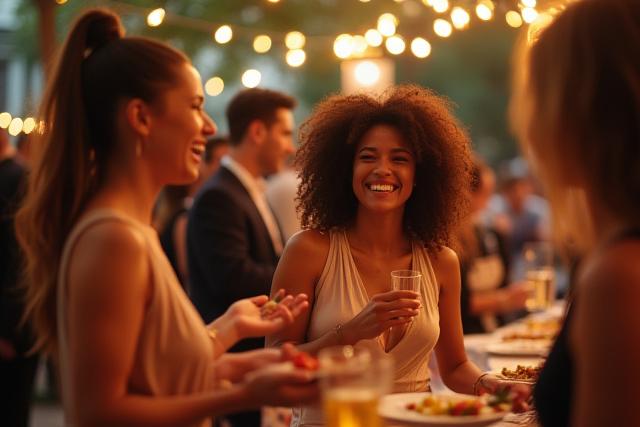 Two friends laughing while enjoying food at an interactive event.
