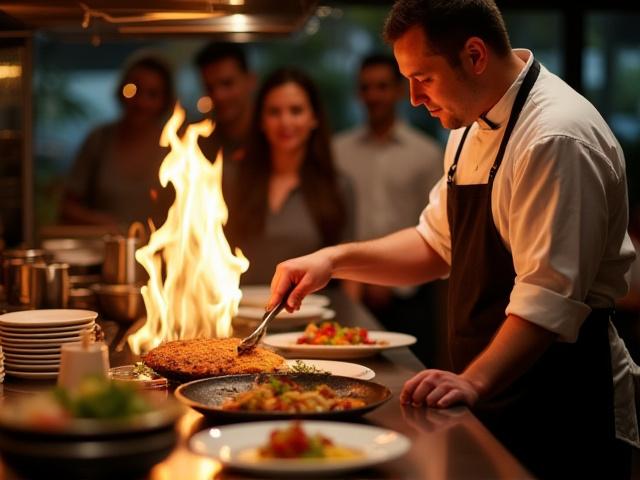 Chef cooking pasta at a live station, engaging with guests.