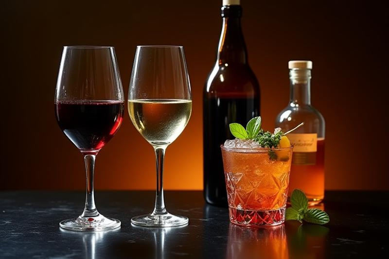 A beautifully lit display of wine glasses, craft cocktails, and artisanal mocktails