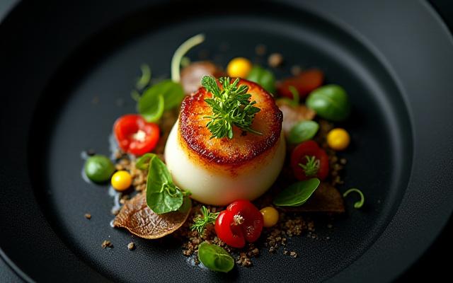 Exquisitely plated dish blending vibrant global flavors