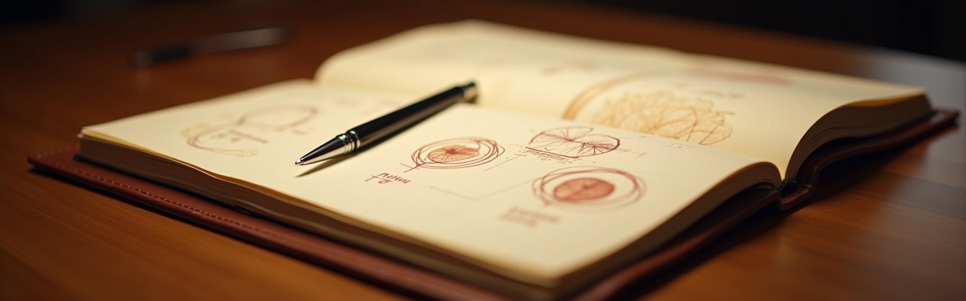 Chef's notebook with plating sketches and flavor notes, subtly blurred in the background