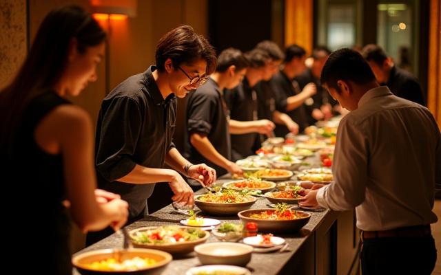 Guests engaging with a stylish interactive food station
