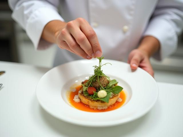 A chef meticulously garnishing a sophisticated dish with microgreens, signifying attention to detail and bespoke preparation