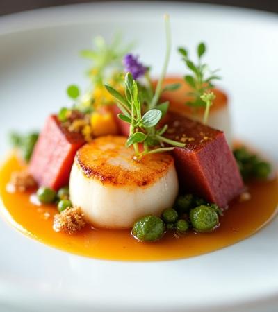 A close-up of a beautifully plated gourmet dish, showcasing vibrant colors and intricate details, ready to be served.