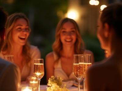 Candid shot of guests laughing and enjoying a private dining event, glasses raised in a toast, conveying joy and connection.