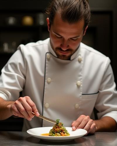 A personal chef in action, meticulously preparing or plating a dish in a elegant private kitchen setting, demonstrating professionalism and skill.