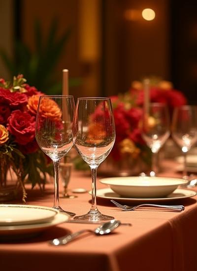 An exquisitely decorated dinner table for an intimate gathering, featuring crystal glassware, fine china, and an opulent floral centerpiece.