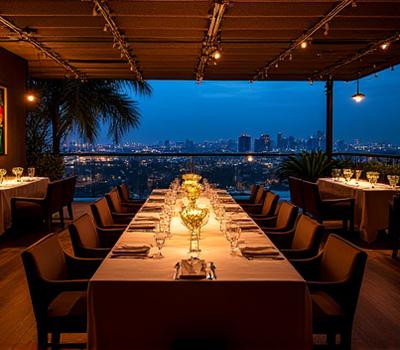 A unique private dining venue, possibly an art gallery or a private rooftop with a view, set up for an exclusive event.