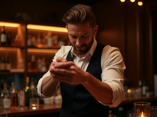 A skilled mixologist crafting a cocktail with flair, sophisticated bar setting.