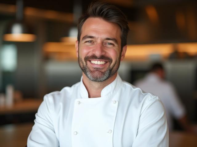A professional executive chef in a crisp white uniform, smiling confidently.