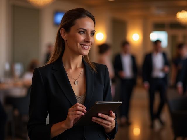 An organized event coordinator with a tablet, overseeing a busy event setup, looking composed and efficient.