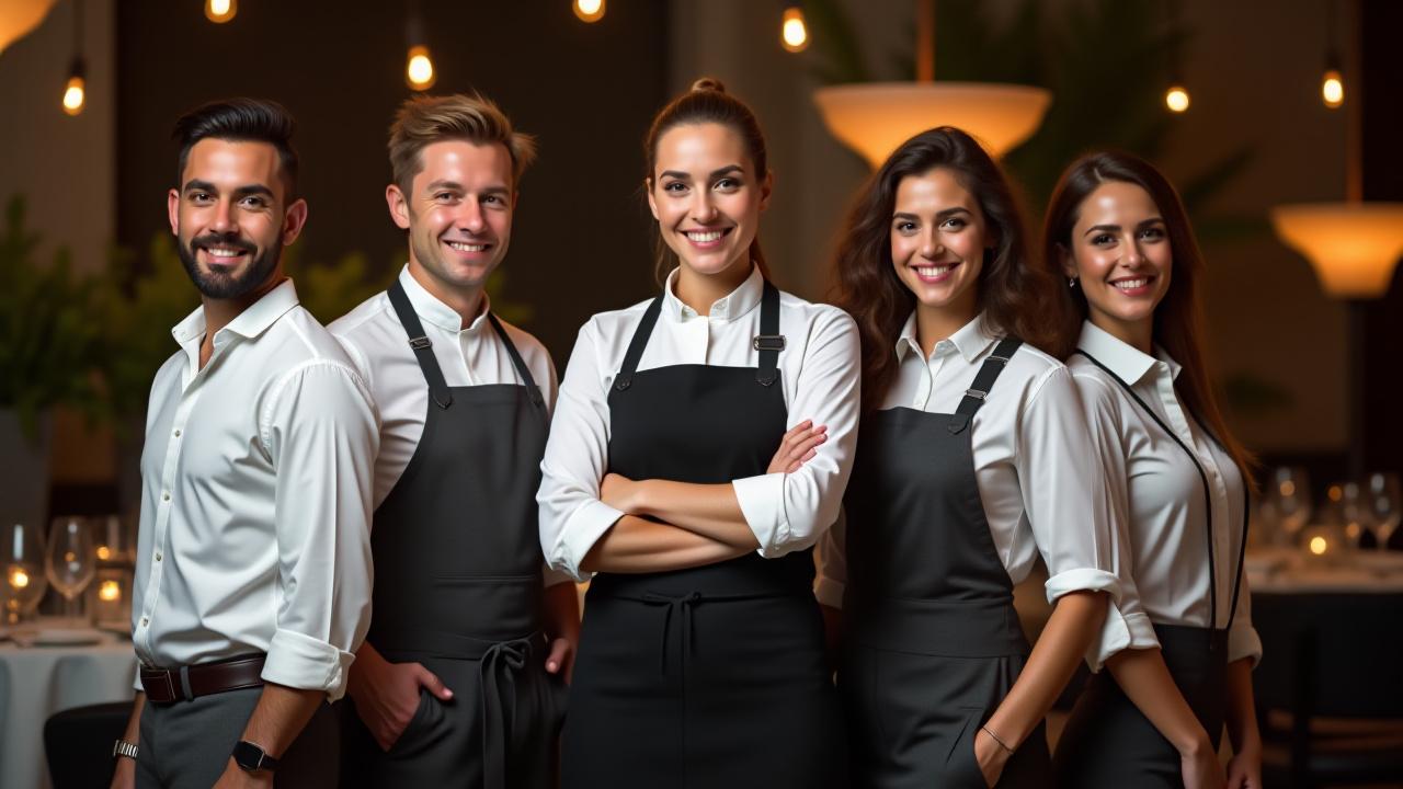 Diverse team of professional catering staff, including chefs, servers, and event managers, smiling confidently against a soft-focused event backdrop.