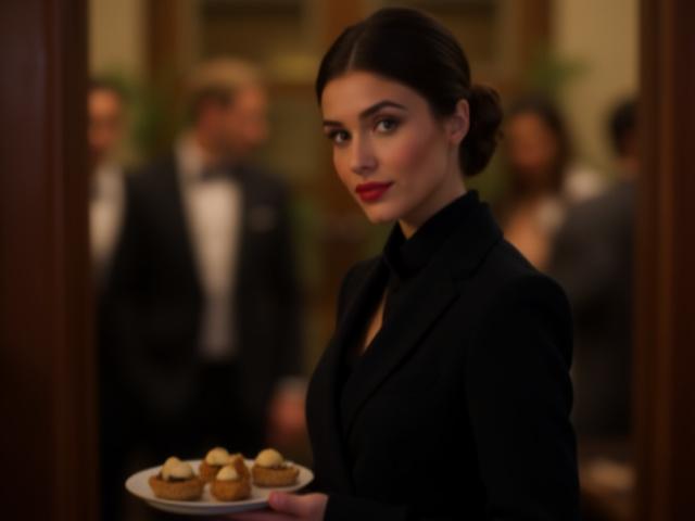 A professional server gracefully holding a tray with canapés, in a formal event setting.