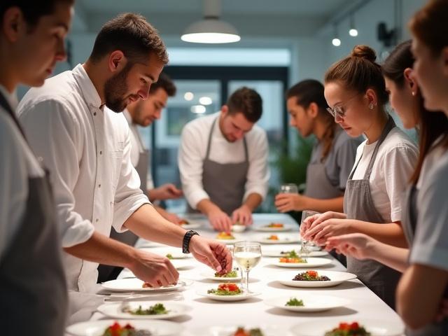 A group of Culinary Chart staff participating in a hands-on training session, focusing on intricate service techniques, in a modern, well-lit setting.